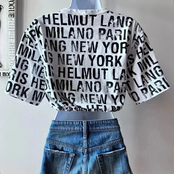 Helmut Lang WomenâsâUpcycled All Over Logo Cropped Short Sleeve Cotton T-shirt S - Picture 8 of 11